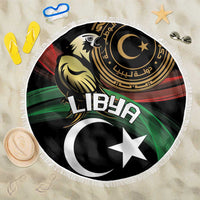 Round beach blanket with Libya flag star & crescent graphic, white fringe edge