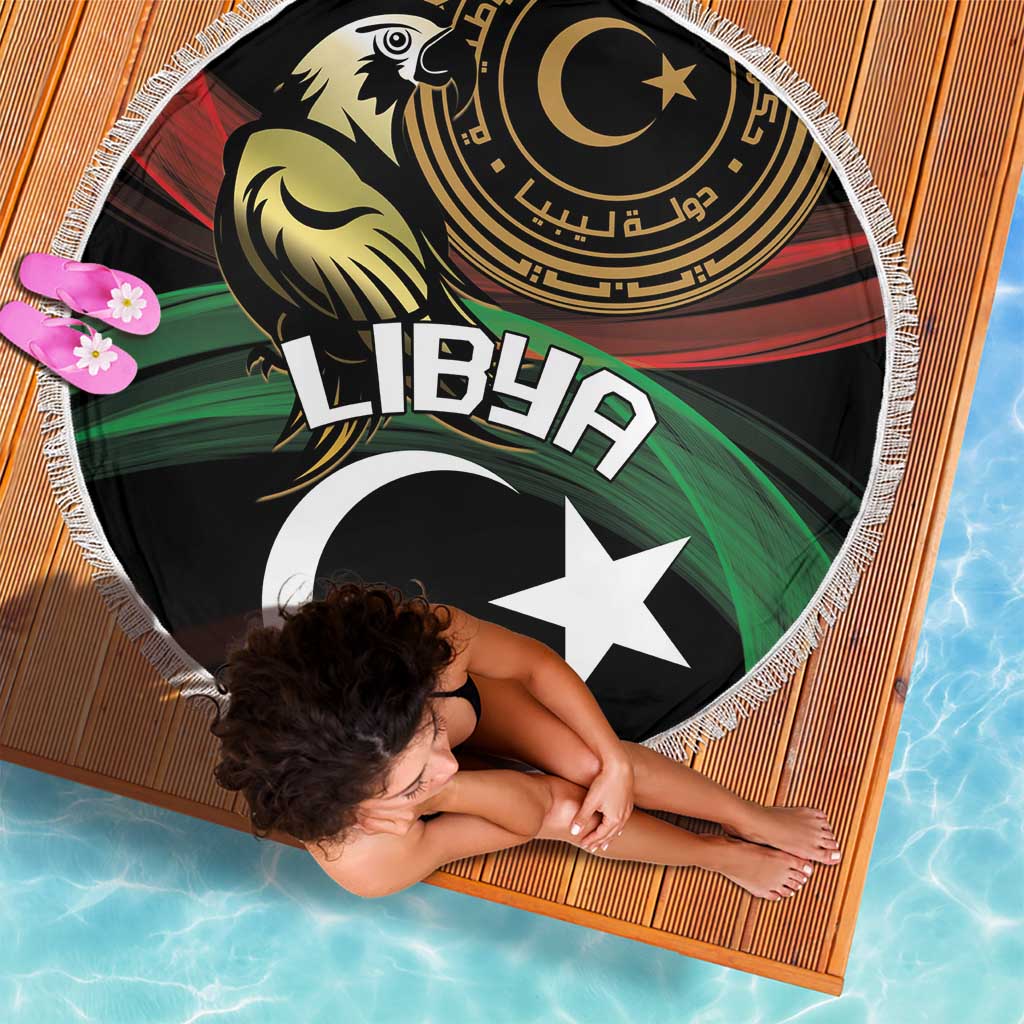 Round beach blanket with Libya flag eagle and star & crescent, white fringe edge