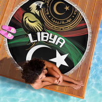 Round beach blanket with Libya flag eagle and star & crescent, white fringe edge