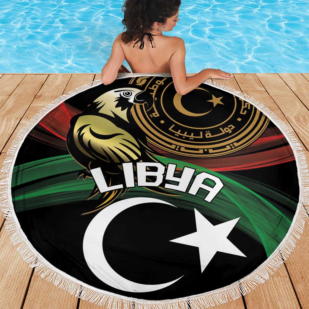 Round beach blanket with Libya flag star & crescent, white fringe edge held open
