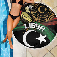 Round beach blanket with Libya flag star & crescent, white tassel fringe edge