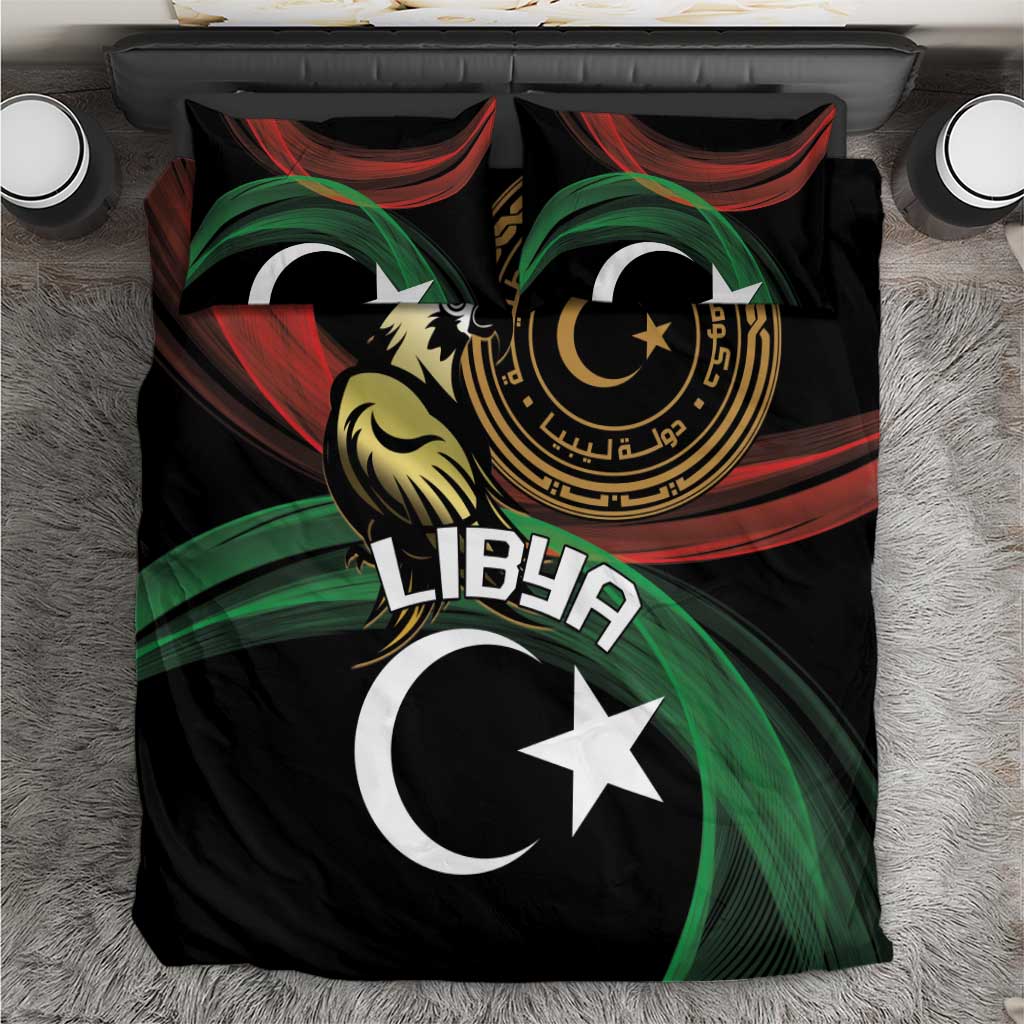 Black duvet cover set with Libya lettering, crescent-and-star emblem and eagle graphic