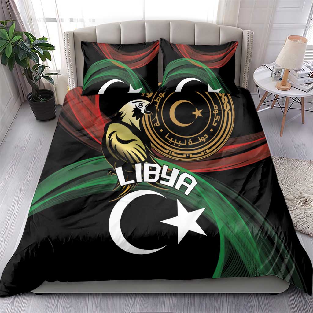 Black duvet cover set with Libya text, crescent and star, red-green wave flag graphics