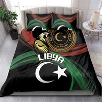 Black duvet cover set with Libya text, crescent and star, red-green wave flag graphics