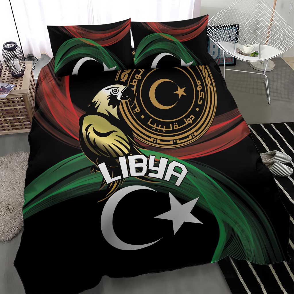 Black duvet cover with Libya lettering, crescent moon and white star, eagle-and-shield print