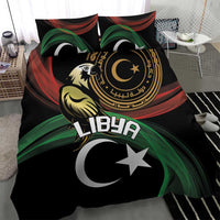 Black duvet cover with Libya lettering, crescent moon and white star, eagle-and-shield print