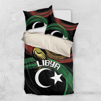Black duvet cover with two matching pillows featuring Libya text, crescent and star emblem