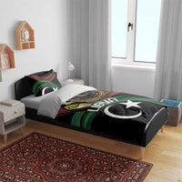 Black duvet cover and pillow set with Libya print, crescent moon, and white star design