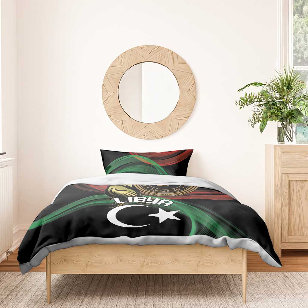 Black duvet cover featuring Libya lettering, crescent moon and white star, bold flag waves