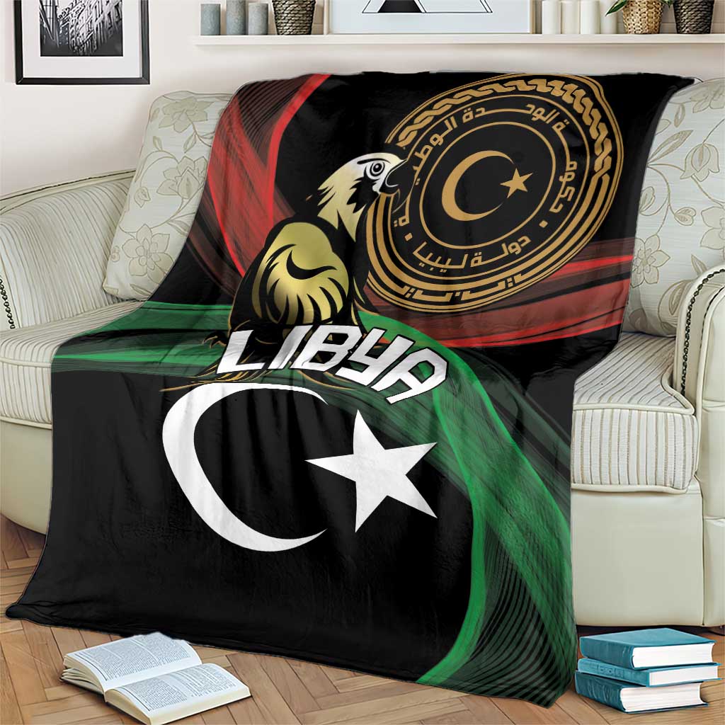 Black flag-themed blanket draped on couch with white crescent and star, green red stripes