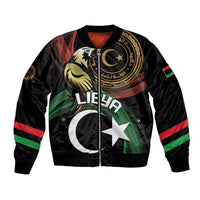 Unisex black bomber jacket with central star-and-crescent and eagle graphic, zip front
