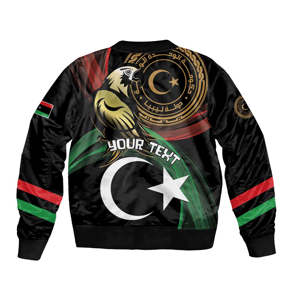 Unisex black bomber jacket with large Libya star-and-crescent graphic on zip front