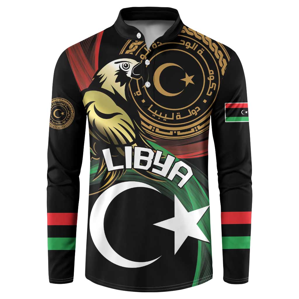 Black button sweatshirt with Libya emblem, crescent star, and eagle graphic, long sleeves