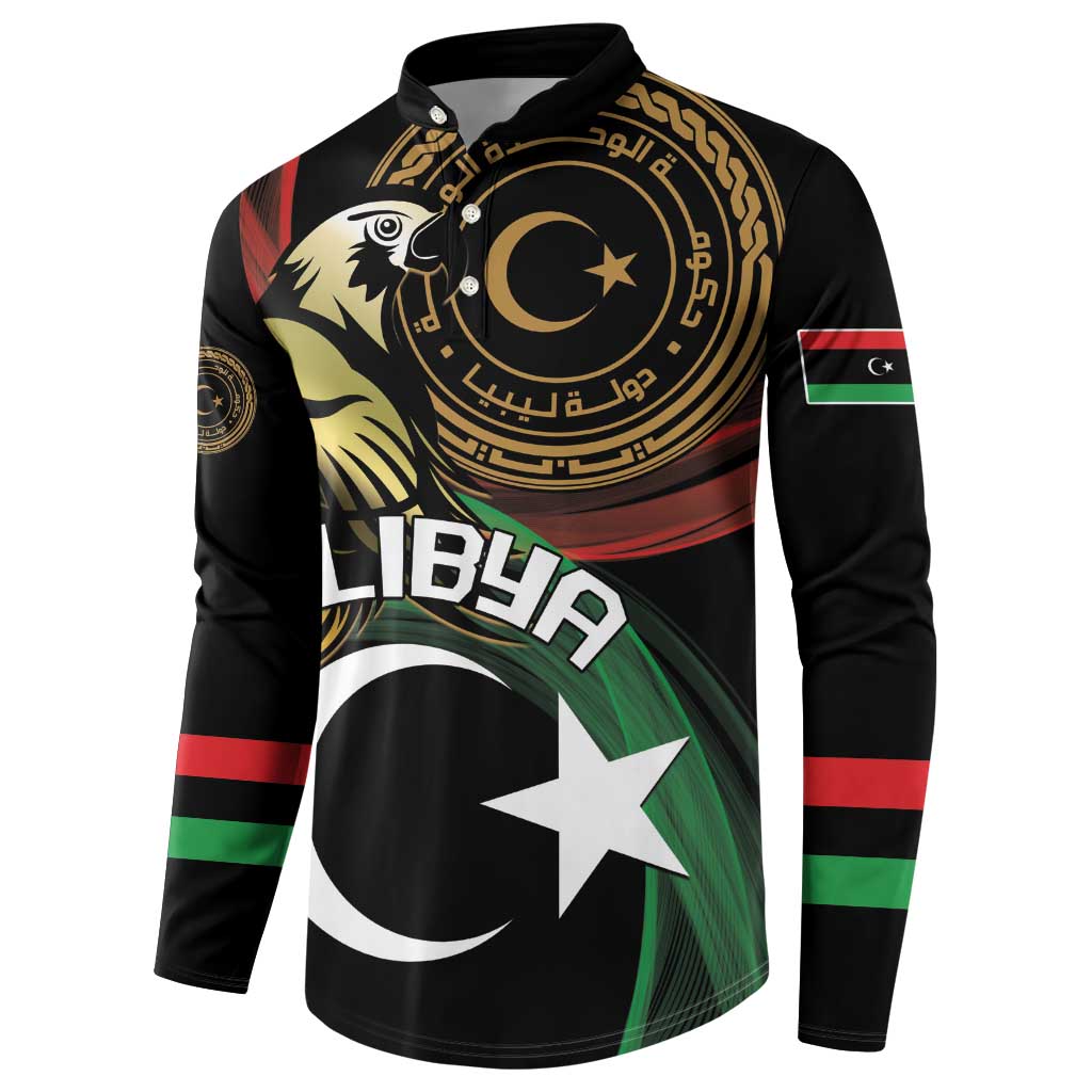 Black button sweatshirt with Libya emblem and eagle graphic, front view with crescent star