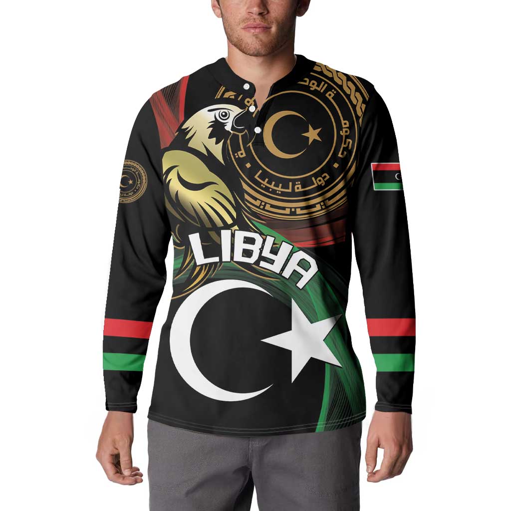 Black button sweatshirt on model, front graphic with Libya emblem and crescent star