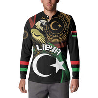 Black button sweatshirt on model, front graphic with Libya emblem and crescent star
