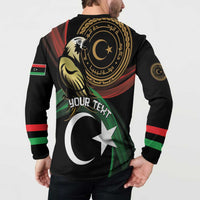 Black button sweatshirt on model, back graphic with eagle and Libya crescent star
