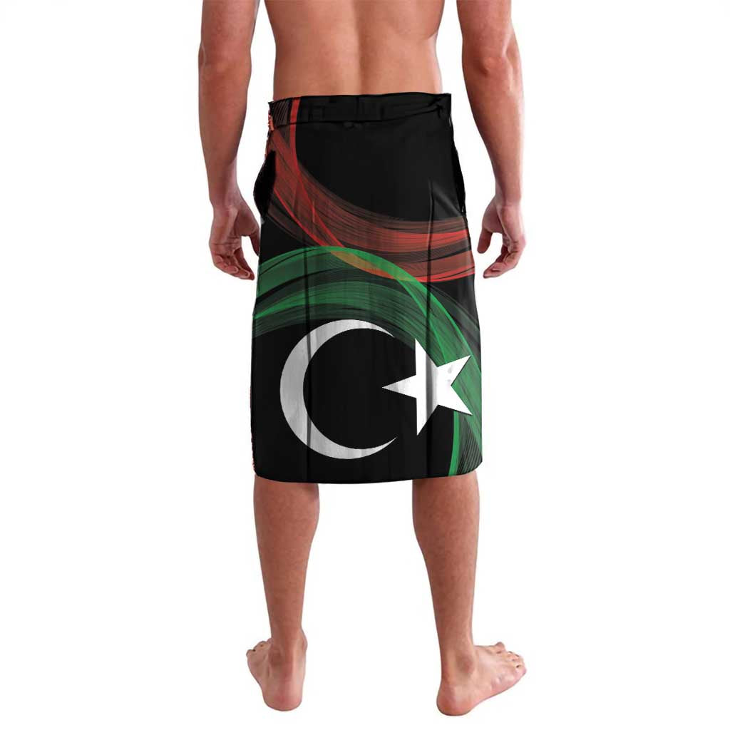 Black graphic lavalava shorts, side view, large crescent and star
