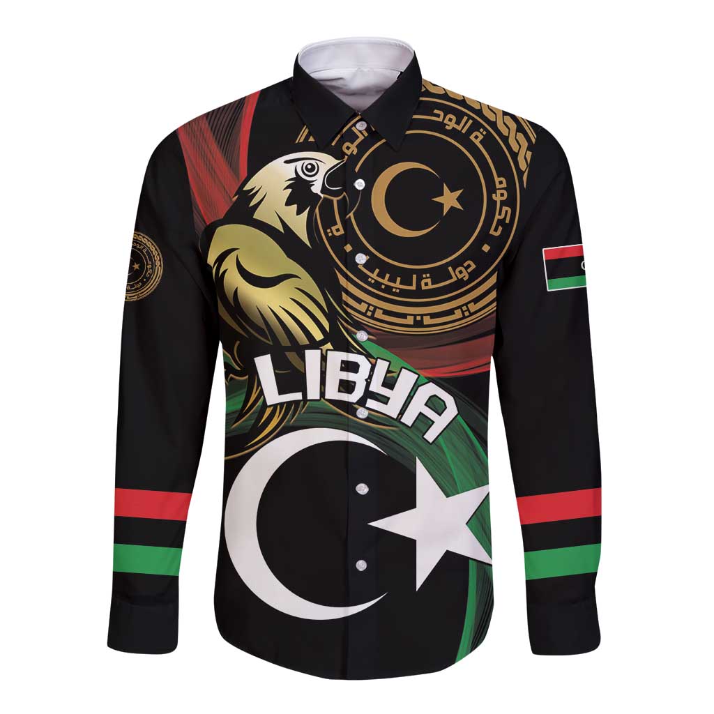 Black long-sleeve button shirt with Libya flag eagle, crescent, and star graphic