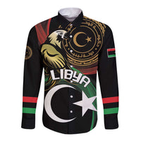 Black long-sleeve button shirt with Libya flag eagle, crescent, and star graphic