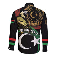 Black long-sleeve button shirt back with Libya eagle, crescent, star, and text panel