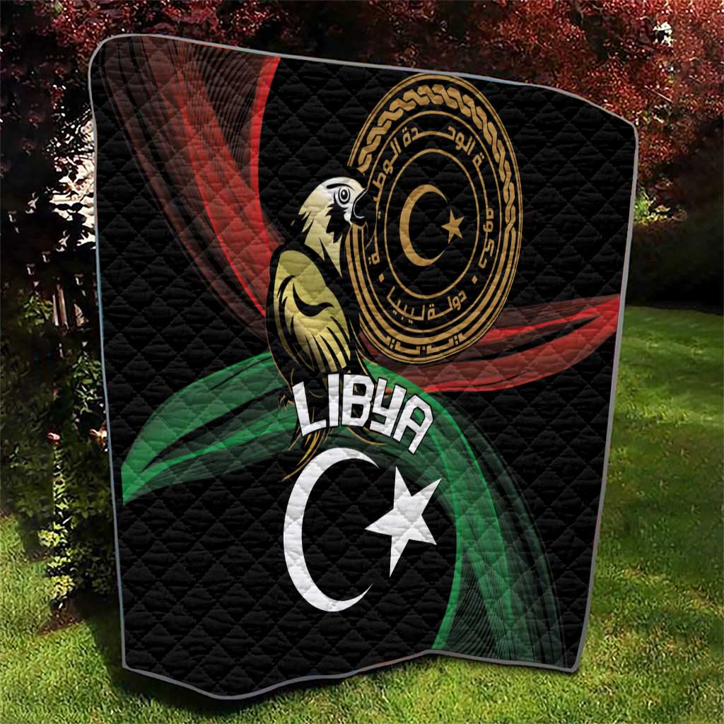Black quilted outdoor blanket with Libya emblem, crescent, and star print