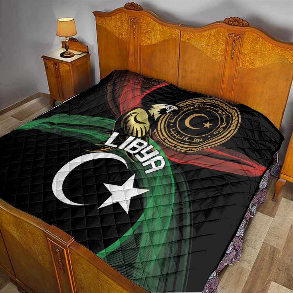 Black quilted bed throw with Libya crescent, star, and gold eagle emblem