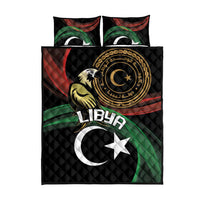 Black quilt bed set with gold circular emblem, crescent and white star, includes 2 pillows