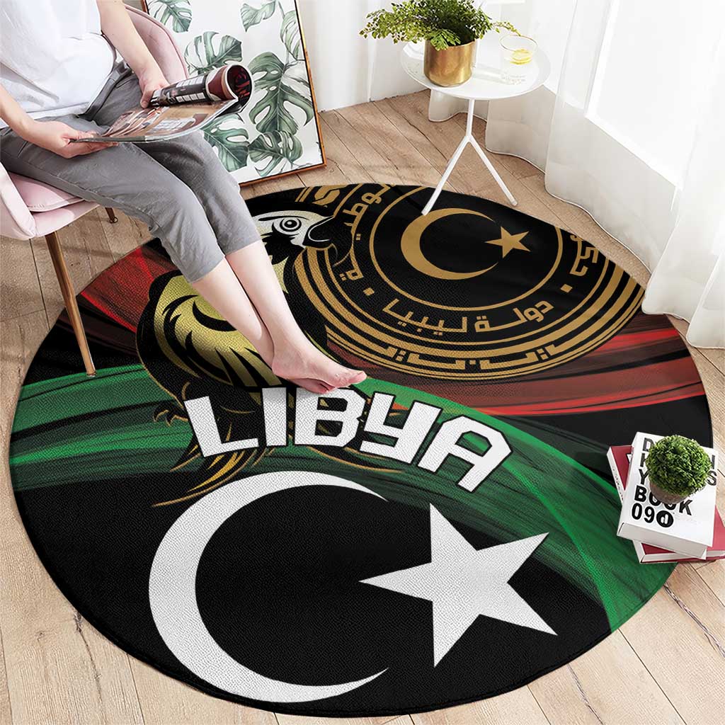 Round area rug featuring Libya text, crescent and white star, black with green-red stripes