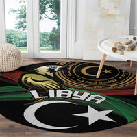 Round area rug with crescent and white star on black, green and red stripe pattern