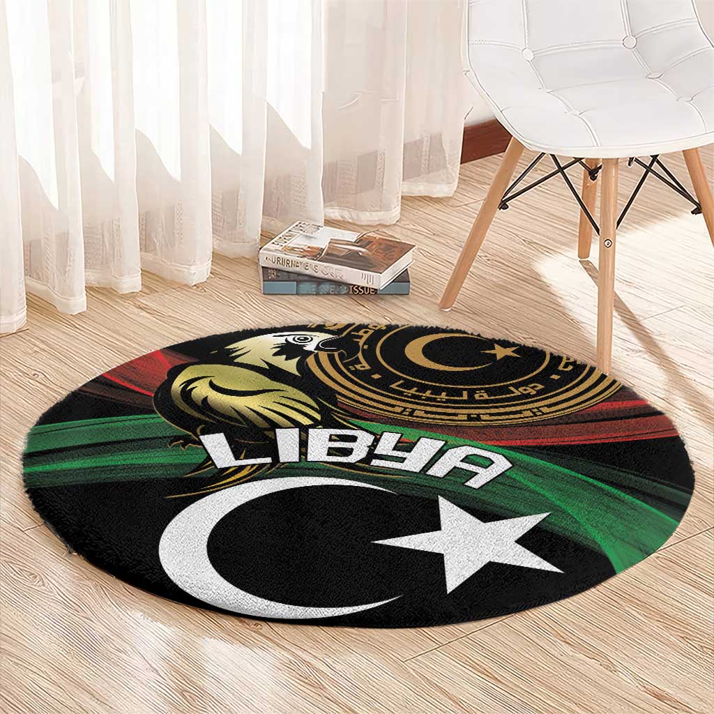 Round area rug with Libya text, crescent and white star, black with green accents