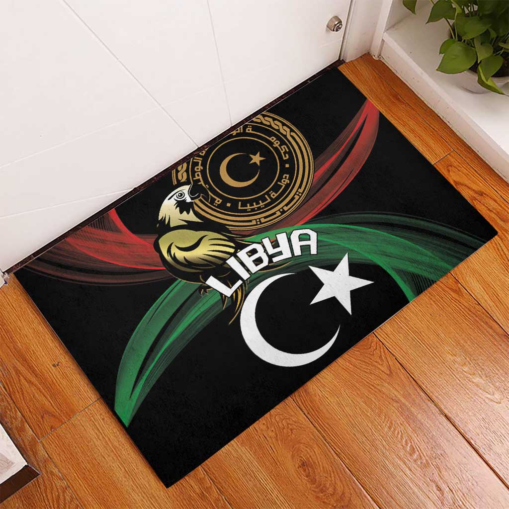 Black rubber doormat with Libya flag-style crescent and star design