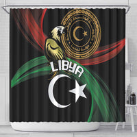Black shower curtain featuring gold Libya seal, eagle figure, crescent moon and white star