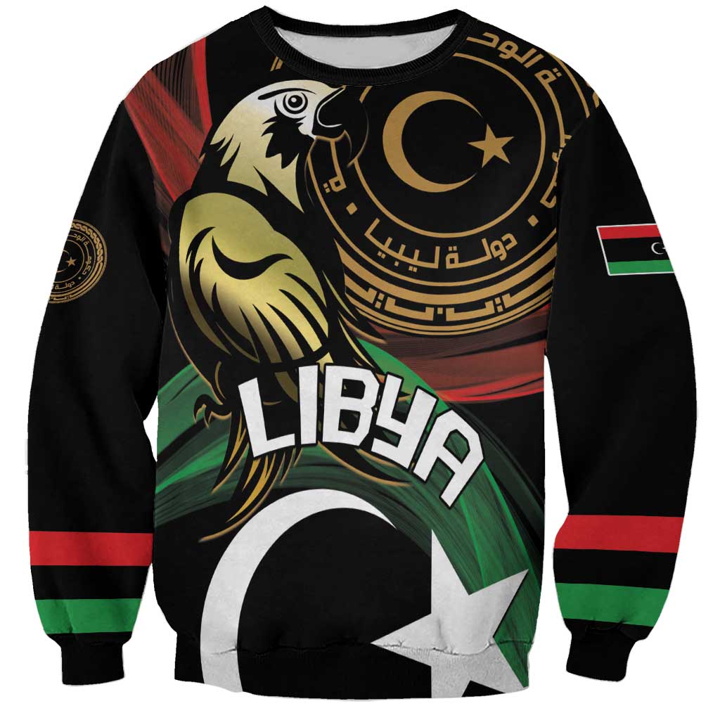 Black sweatshirt with eagle, crescent star, 'LIBYA' front print and flag stripe sleeves.
