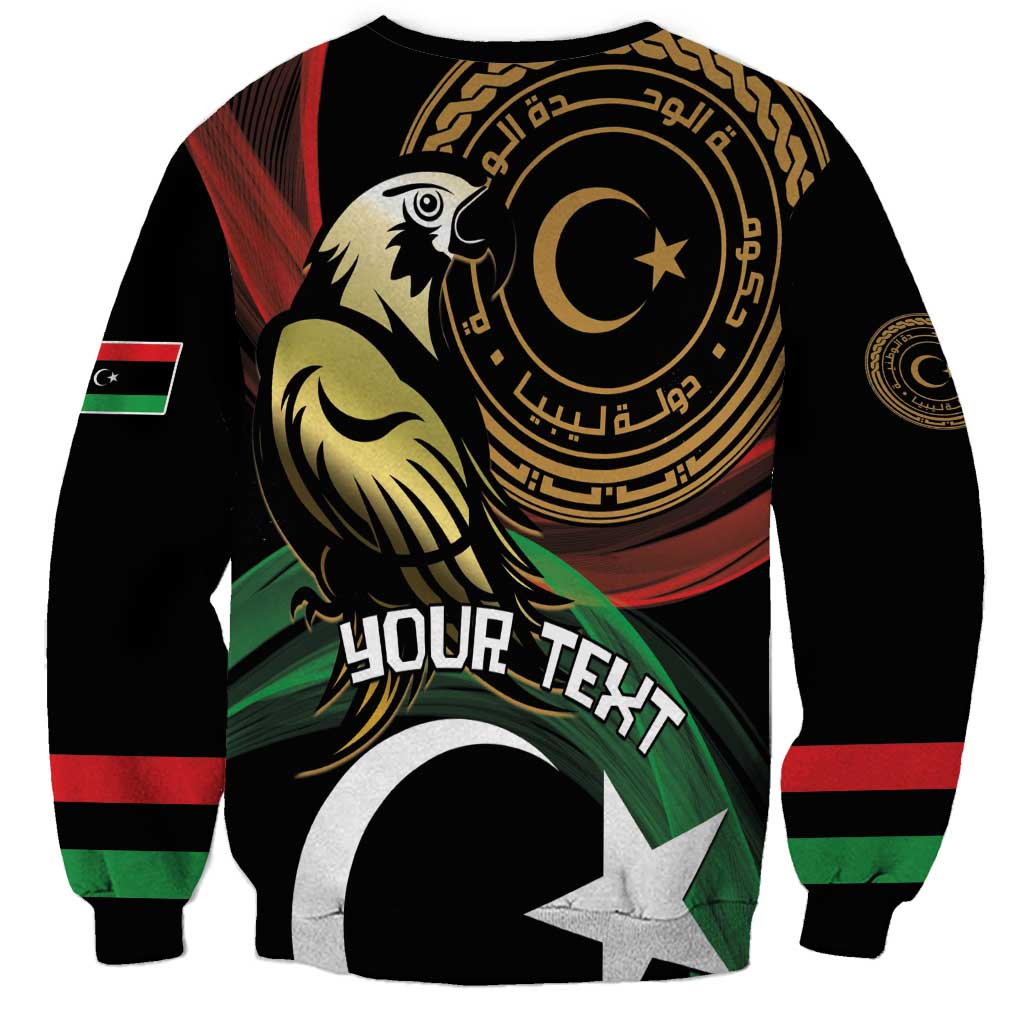 Black sweatshirt with eagle, crescent star, 'YOUR TEXT' front print and flag stripe sleeves.