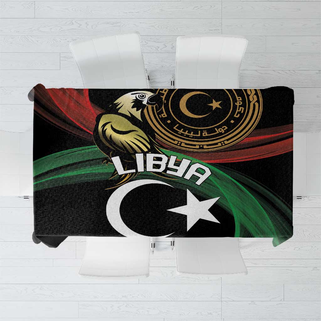 Black Libya-themed tablecloth with white crescent and star, green and red stripes