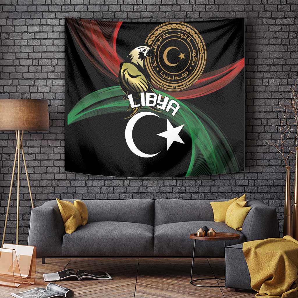 Black Libya wall tapestry with crescent, star, eagle and gold circular emblem