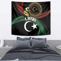 Black Libya wall tapestry featuring eagle, gold seal, crescent and white star