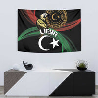 Black wall tapestry with eagle, gold seal, Libya lettering, crescent moon and star