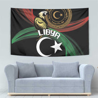 Black Libya tapestry with eagle, gold emblem, green/red wave accents, crescent and star