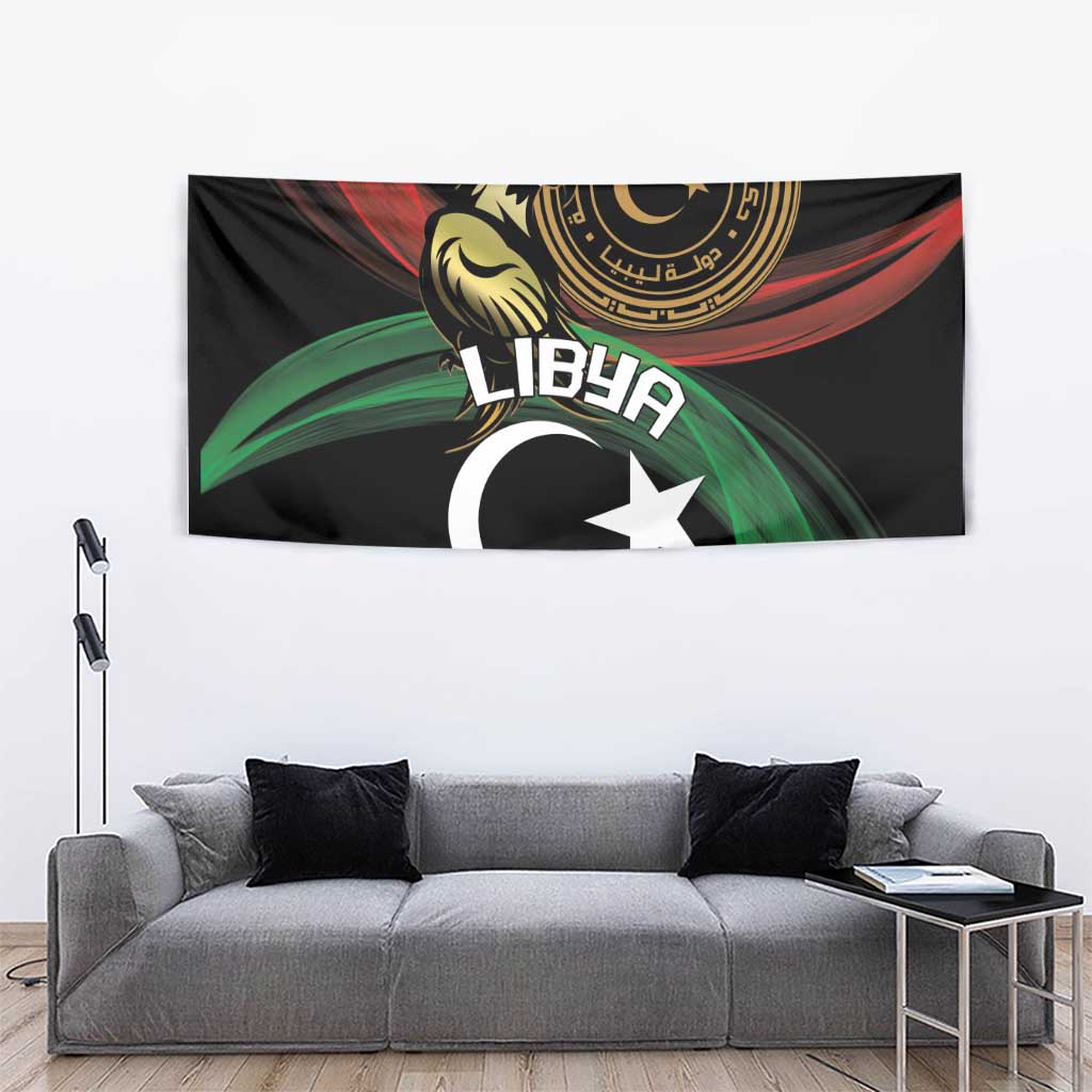 Black Libya tapestry with eagle and gold seal above crescent moon and white star