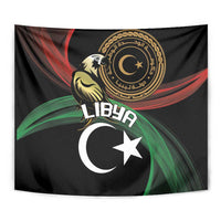 Close-up black Libya tapestry with gold emblem, eagle, crescent moon and white star