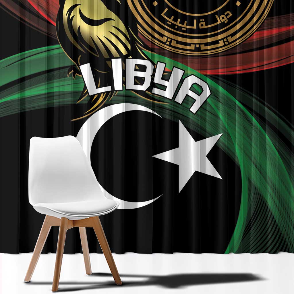 Black window curtain with large white crescent and star, gold emblem, red and green accents