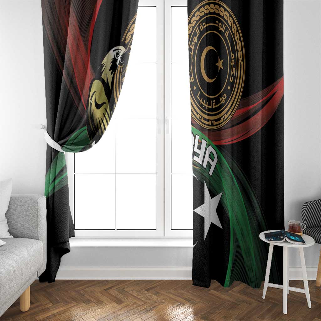 Black window curtain panel with gold emblem, white crescent and star, red and green wave design