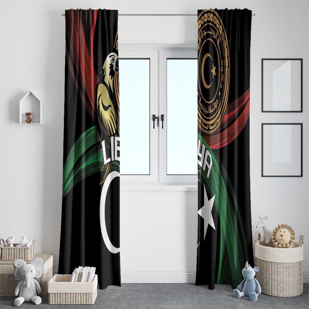 Black window curtain set with white crescent and stars, gold emblem, red and green accents
