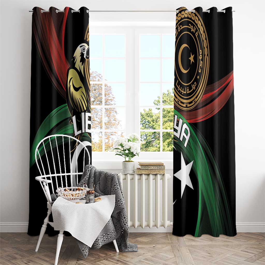 Black window curtain with gold emblem on one panel and white crescent and star graphics