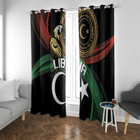 Black window curtain with gold emblem, white crescent and star, red and green wave accents