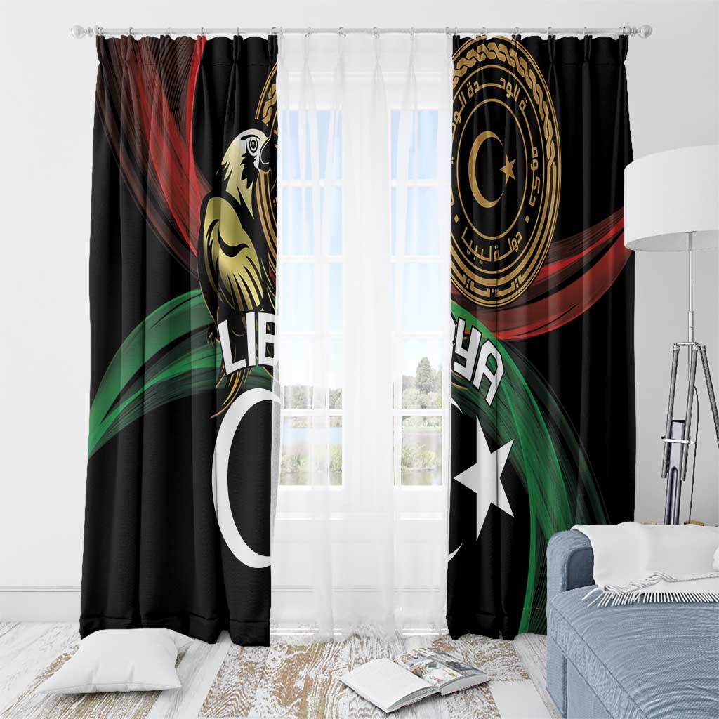 Black window curtain pair with gold emblem and white crescent-star pattern, red and green accents