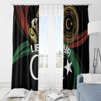 Black window curtain pair with gold emblem and white crescent-star pattern, red and green accents