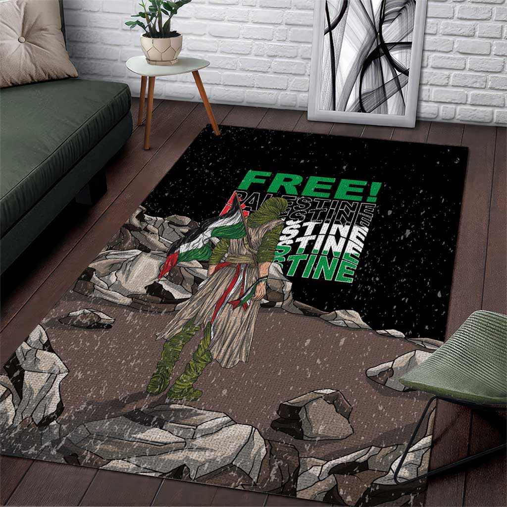 Black area rug with eagle graphic and stacked neon green 'FREE' text